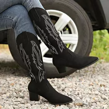 2024 High Quality Ladies Shoes Knee-High Women s Boots Fashion Embroidery Modern Boots Women Sexy Pointed Toe Shoes for Women 35 чёрный