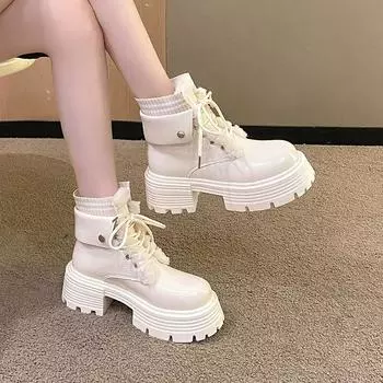 2024 High Quality Ladies Shoes Lace-up Women s Boots Fashion Rivet Office and Career Hot Sale Round Toe Platform Ankle Boots 35 бежевый