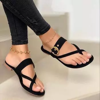 2024 High Quality Ladies Shoes Summer Women s Slippers Solid Buckle Decoration Open Toe Low-heeled Concise Casual Thong Slippers 36 шампанского