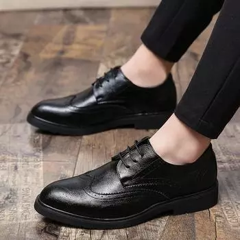 2024 High Quality Men Shoes Lace Up Leather Casual Shoes Spring and Autumn Solid Chunky Heels Increase Height Daily Work Shoes 39 чёрный