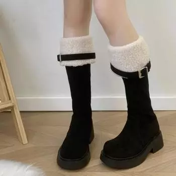 2024 High Quality Shoes Female Slip on Women s Boots Winter Round Toe Solid Flock Mid-Calf Platform Chunky Heels High Boots 35 чёрный