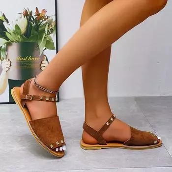 2024 High Quality Shoes for Women One-word Buckle Women s Sandals Summer Outdoor Solid Sequins Open Toe Chunky Heels Sandals 36 коричневый