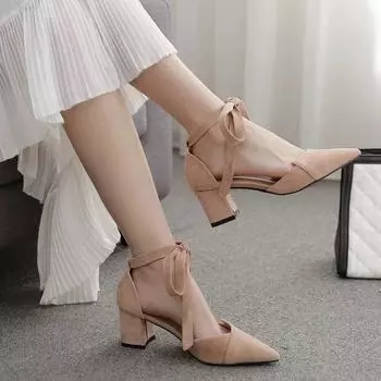 2024 High Quality Summer Women s Shoes Pointed Toe Solid Color Shallow Mouth Slip-on Suede Fashion Bow Strap Women s High Heels 35 абрикосовый