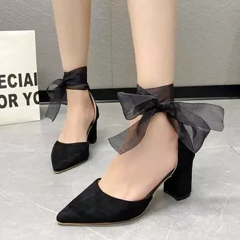 2024 High Quality Summer Women s Shoes Pointed Toe Solid Color Shallow Mouth Slip-on Suede Fashion Bow Strap Women s High Heels 35 абрикосовый