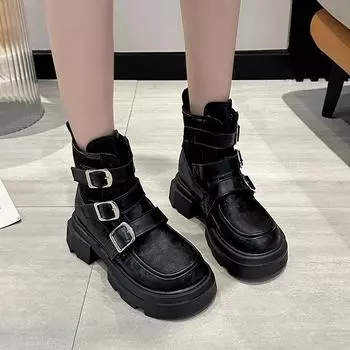 2024 High Quality Women s Shoes Belt Buckle Women s Boots Fashion Printing Modern Boots Women New Round Toe Ankle Boots Zapatos 35 покинуть белый