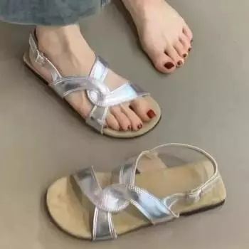 2024 High Quality Women s Shoes Buckle Strap Women s Sandals Fashion Shallow Daily Sandals Women New Peep Toe Solid Flat Sandals 35 серый