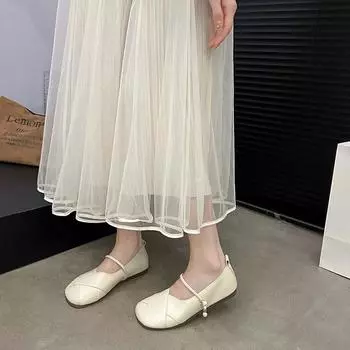 2024 High Quality Women s Shoes Fashionable Square Toe Shallow Mouth Solid Color One-line Buckle Strap Glossy Women s Flat Shoes 35 бежевый