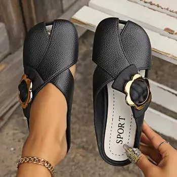 2024 High Quality Women s Shoes Hot Selling Fashion Baotou Flat Ladies Slippers New Solid Color Metal Decoration Ladies Slippers 36-37 чёрный