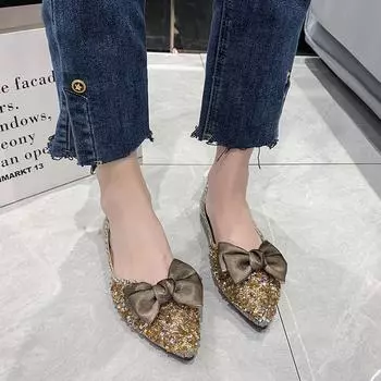 2024 High Quality Women s Shoes Shallow Women s Flats Fashion Butterfly-knot Daily Flats Women New Sequins Flat Shoes Zapatos 35 чёрный