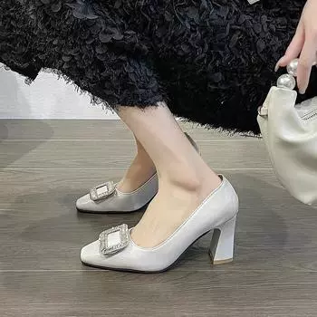 2024 High Quality Women s Shoes Slip-on Women s High Heels Fashion Square Button Office and Career New Crystal Heels Women 34 чёрный