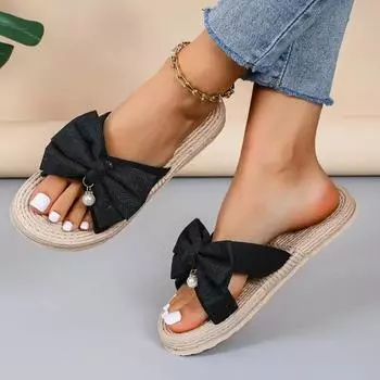 2024 High Quality Women s Shoes Summer Fashion Open Toe Women s Slippers Solid Color Bow Decorated Large Size Flat Shoes 36 покинуть белый
