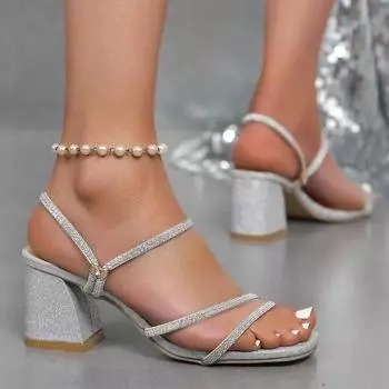 2024 High Quality Women s Shoes Women s High Heels Summer Solid Color Glossy Women s Slippers Mid Heel Open Toe High Heels 36 серебряный