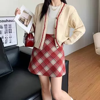 2024 High-Waist Plaid Woolen A-Line Skirt: Autumn/Winter College Style Extra Large