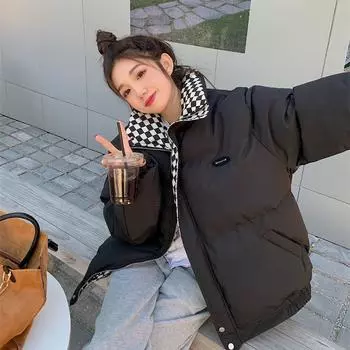 2024 хлопчатобумажная одежда женская свободная BF ветровка воротник-стойка короткая хлопчатобумажная одежда хлопчатобумажные куртки утолщенная хлебная одежда S чёрный