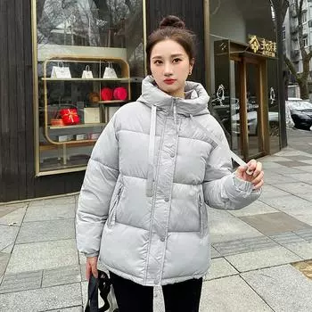 2024 хлопчатобумажная одежда женские новые хлопчатобумажные куртки женские корейские версии с капюшоном свободные короткие куртки утолщенные зимние хлопчатобумажные куртки M чёрный