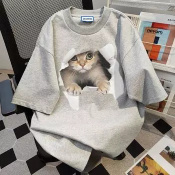 2024 хлопковая летняя новая свободная футболка с короткими рукавами и принтом кошки, женская XS абрикосовый