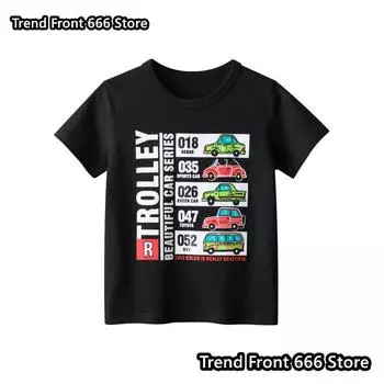 2024 хлопковые черные футболки для мальчиков и девочек, летняя футболка с принтом в виде тележки, короткий рукав, высококачественная детская футболка, детская одежда 100cm