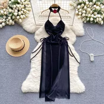 2024 Холтер Сексуальное бархатное цельное платье Женское V-образным вырезом с открытой спиной на шнуровке Slim Fit Платья Женская мода Сплит Длинное элегантное вечернее платье S чёрный
