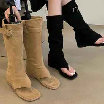 2024 Hot Girls Khaki Black Suede Square Clip Toe Inner Height Increasing Belt Buckle Leisure Knee High Boots Women Summer Shoes 35