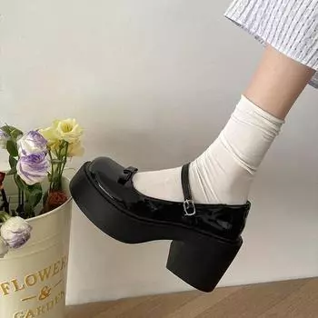 2024 Горячая Распродажа Лоферы на Высоком Каблуке Женская Обувь Ретро Туфли На Массивном Каблуке Женские Туфли В Стиле Колледж С Милым Бантом На Платформе Лолита Туфли Мэри Джейн 4.5