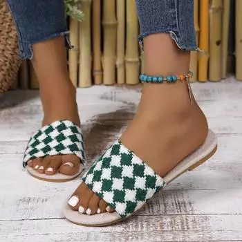 2024 Hot Sale Ladies Shoes Basic Women s Slippers Outdoor Casual Slippers Women Braid Mixed Colors Flat with Plus Size Sandals 35 зелёный