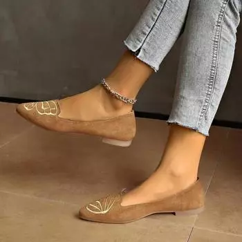 2024 Hot Sale Ladies Shoes Shallow Women s Flats Fashion Embroidery Daily Flats Women Sexy Pointed Toe Flat Low Heels Zapatos 35 коричневый