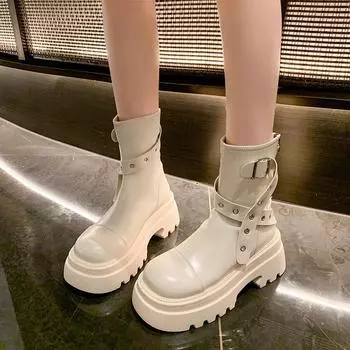 2024 Hot Sale Ladies Shoes Side Zipper Women s Boots Fashion Belt Buckle Modern Boots Women New Round Toe Mid-Calf Boots Zapatos 35 бежевый