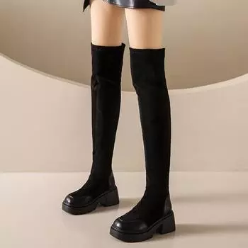 2024 Hot Sale Ladies Shoes Sleeve Women s Boots Winter Round Toe Solid Shoes Ladies Chunky Heels Long Barrel Fashion Boots 35 чёрный