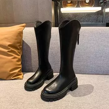 2024 Hot Sale New Autumn Winter Women Knee Length Shoes Round Head Solid Color Slip-On Wear Resistant Ladies Elegant Boots 35 чёрный