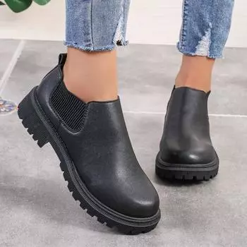 2024 Hot Sale Shoes Female One Kick Women s Boots Autumn Round Toe Solid Short Barrel Low Heel Plus Size Nude Boots Zapatos 35 чёрный