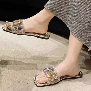 2024 Горячая Распродажа Туфли Женские Летние Женские Тапочки Квадратный Носок Разноцветные Блестящие Алмазные Пайетки Открытый Носок Пляжные Тапочки 35