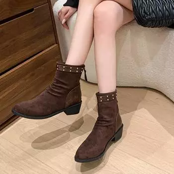 2024 Hot Sale Women s Shoes Back Zip Women s Boots Fashion Rivet Modern Boots Women Sexy Pointed Toe Plus Size Mid-Calf Boots 36 чёрный