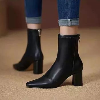 2024 Hot Sale Women s Shoes Back Zip Women s Boots Fashion Square Toe Office and Career High Quality Solid Mid-Calf Bootszapatos 34 бежевый