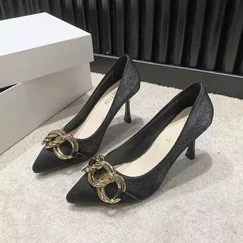 2024 Hot Sale Women s Shoes Basic Women s High Heels Fashion Party Pumps Women Metal Decoration Slip on Pointed Toe Shoes Ladies 34 бежевый