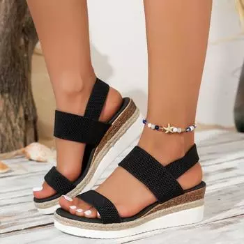 2024 Hot Sale Women s Shoes Elastic Band Ankle-wrap Women s Sandals Summer Solid Open Toe High Heels Water Proof Daily Sandals 36