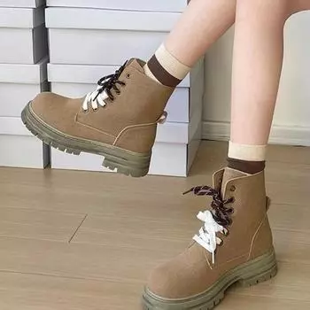 2024 Hot Sale Women s Shoes Lace Up Women s Boots Autumn Round Toe Solid Flock Mid Heel Water Proof Short Barrel Fashion Boots 35 розовый