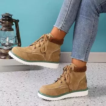 2024 Hot Sale Women s Shoes Lace Up Women s Boots Winter Round Toe Solid Flock Warm Platform Water Proof Short Barrel Boots 36 коричневый