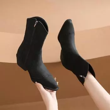 2024 Горячая Распродажа Женская Обувь Женские Сапоги До Середины Икры Ретро Современные Сапоги Женские Шитье Боковая Молния Острый Носок Туфли На Квадратном Каблуке Женские 35 чёрный