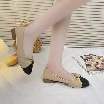 2024 Hot Sale Women s Shoes Shallow Women s High Heels Fashion Color Matching Daily Pumps Women New Square Toe Flat Low Heels 35 бежевый