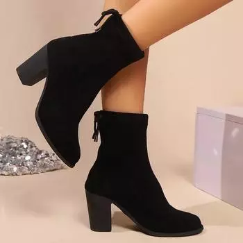 2024 Hot Sale Women s Shoes Slip on Autumn Women s Boots Round Toe Flock Solid Butterfly-knot High Heels Basic Short Boots 36 чёрный