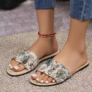 2024 Hot Sale Women Shoes Open Toe Women s Slippers Summer Printing Mixed Colors Outdoor Casual Beach Flat Comfortable Slippers 35 бежевый