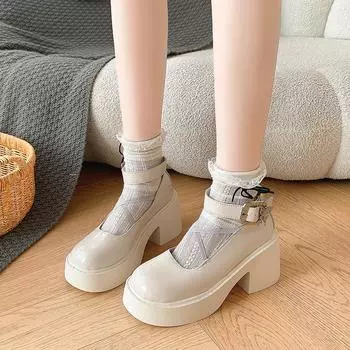2024 Hot Selling Spring and Autumn Fashion Round Toe Shallow Mouth Medium Heel Bow Knot One-Word Buckle Ladies High Heels 35 бежевый