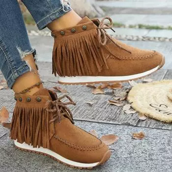2024 Hot Selling Versatile Women s Boots Tassel Style Retro Boots Fashion Women s Shoes Thick Sole Ankle Boots Suede 36 бежевый