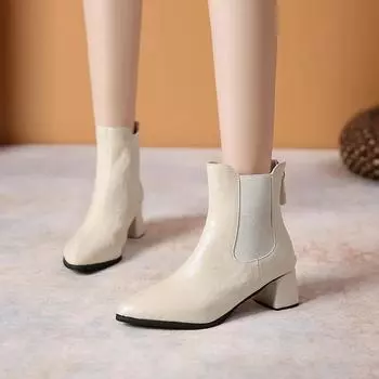 2024 Hot Selling Winter Versatile Elegant Women s Spliced Nude Boots Solid Color Snow Boots Square Toe Back Zipper Mid Heels 35 бежевый