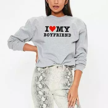 2024 I Love MY BOYFRIEND одежда повседневная женская мода толстовки флисовая свободная уличная одежда большого размера S светло-серый