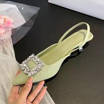 2024 Ins Celebrity shoes ladies striped fabric sandals crystal buckle slingback low heel woman pointed toe dress sandalias mujer 4.5 зелёный