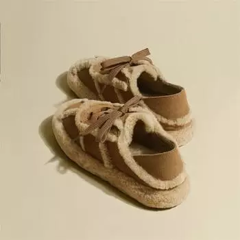 2024 Искусственный мех Плоские Туфли Женские 2024 Новые Зимние Шнуровки Повседневные Теплые Туфли Универсальные Ботинки Bean Бархатные Зимние Сапоги Ретро Стиль 35 светло-коричневого