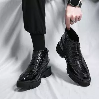 2024 Итальянский стиль уличная одежда повседневная платформа толстая подошва кожаные туфли мужская мода винтаж высокий верх платье свадебные кожаные туфли 38 чёрный