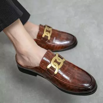 2024 Italian Mens Slippers Leather Muller Shoes Men Loafers Outdoor Non-slip Black Casual Half Slipper Men Fashion Footwear Man 37 чёрный