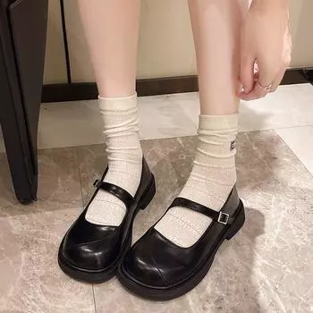 2024 Japanese Style Vintage Buckle Mary Janes Shoes Women S Shallow Mouth Casual Student Pu Leather Shoes Thick Bottom 35 чёрный